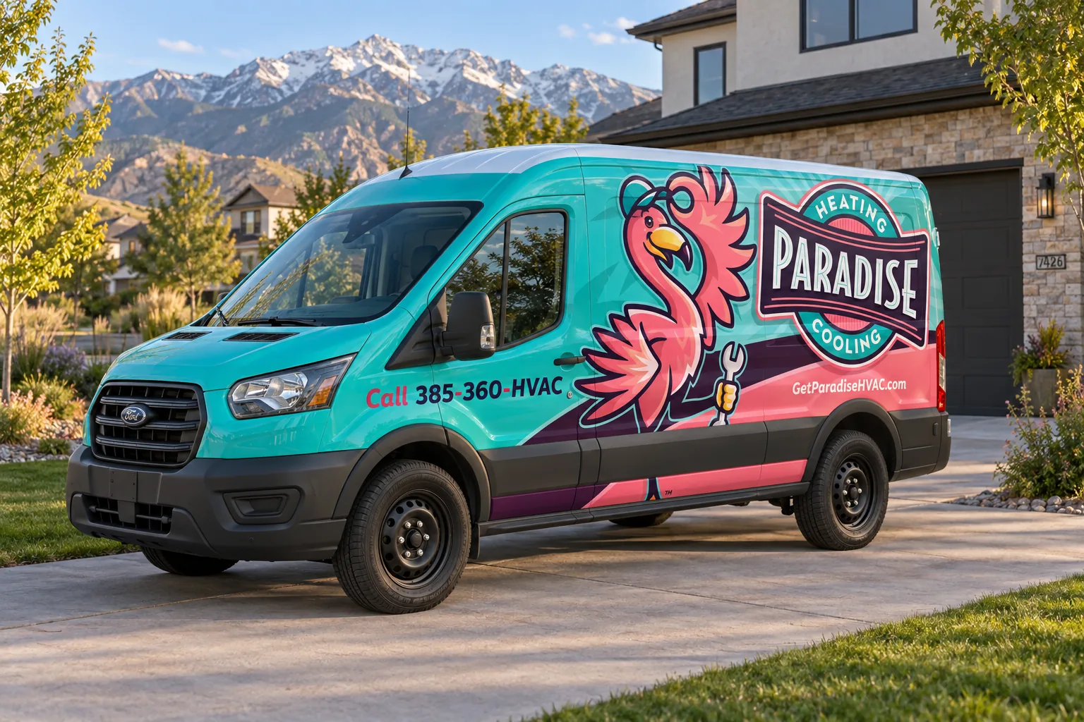Paradise Heating and Air wrapped service van parked in a Utah driveway