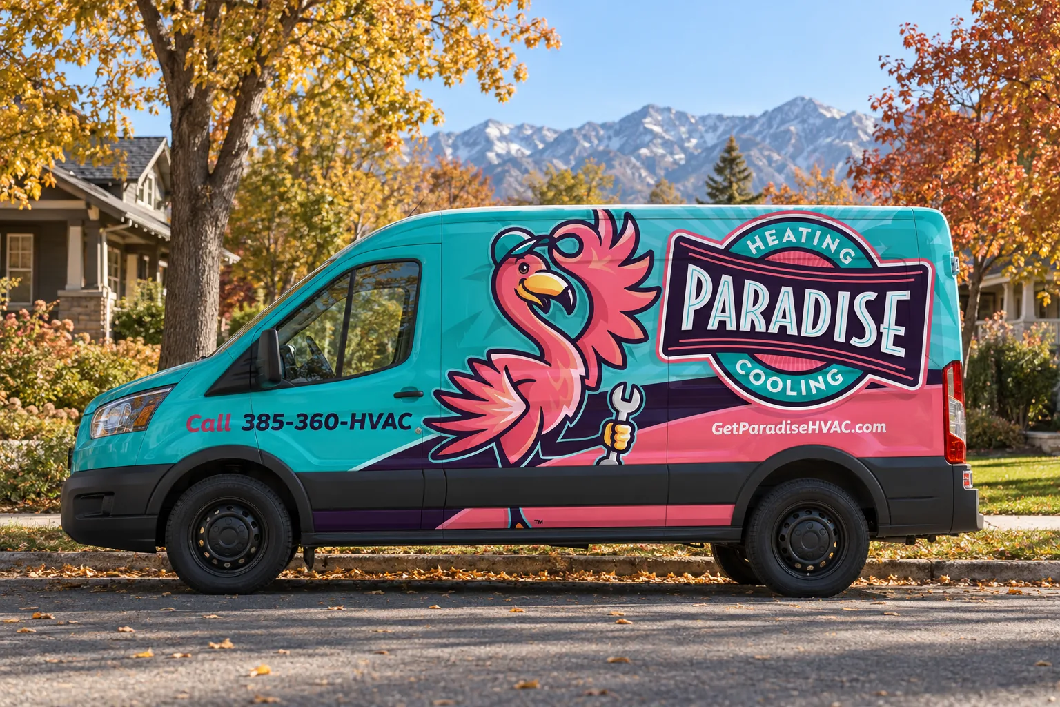 Paradise Heating and Air wrapped service van parked on a tree-lined street