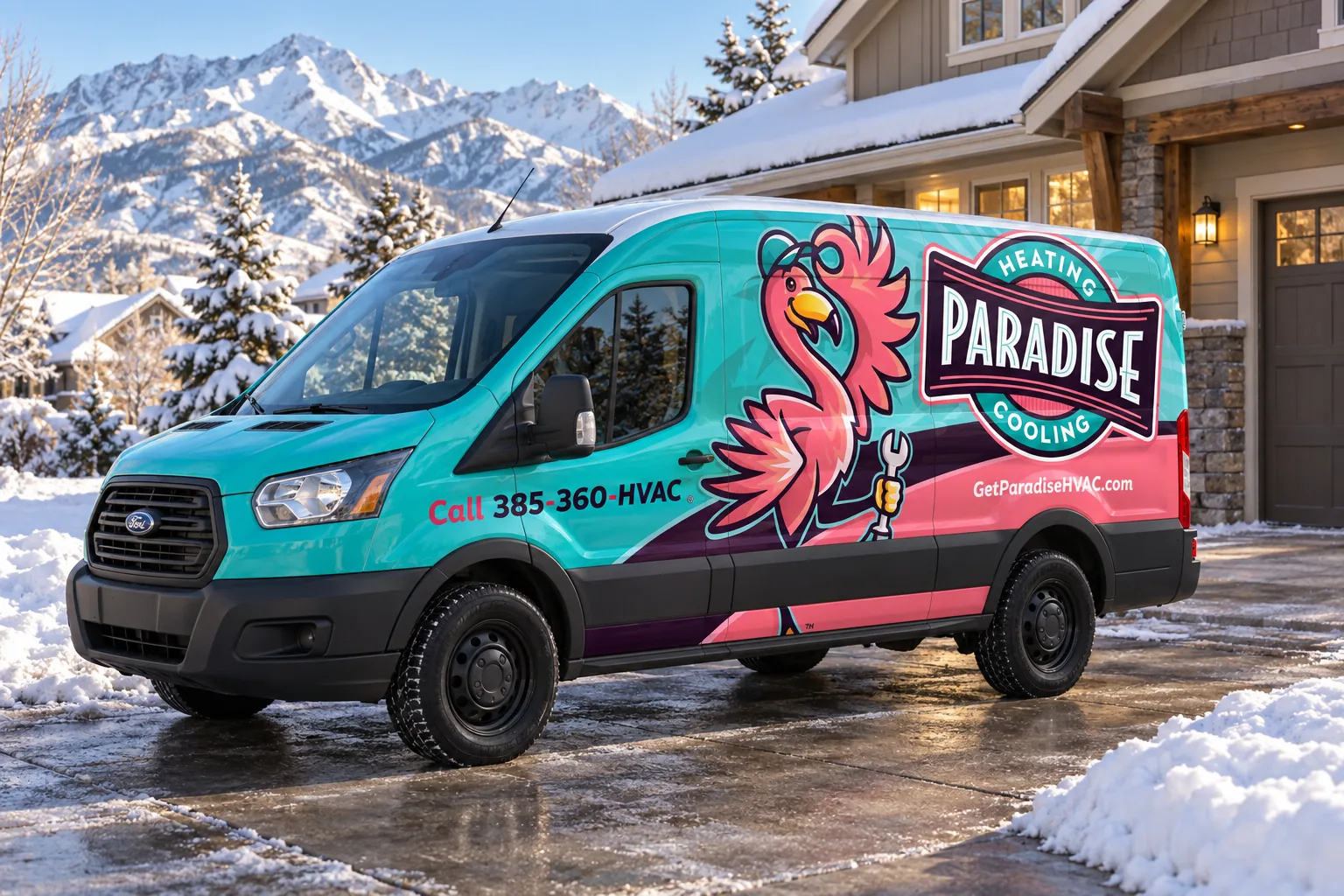 Paradise Heating and Air wrapped service van parked in a snowy Utah driveway