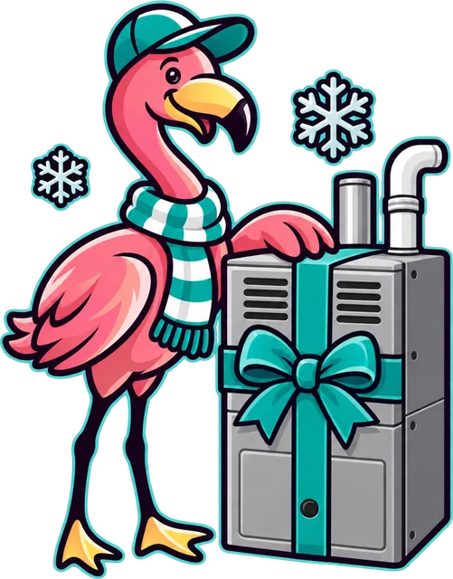 Paradise flamingo mascot with a new furnace tied with a bow