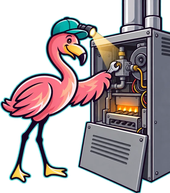 Paradise flamingo mascot repairing a furnace