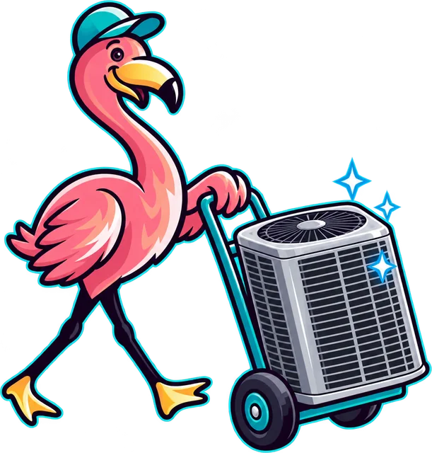 Paradise flamingo mascot wheeling in a new air conditioner on a dolly