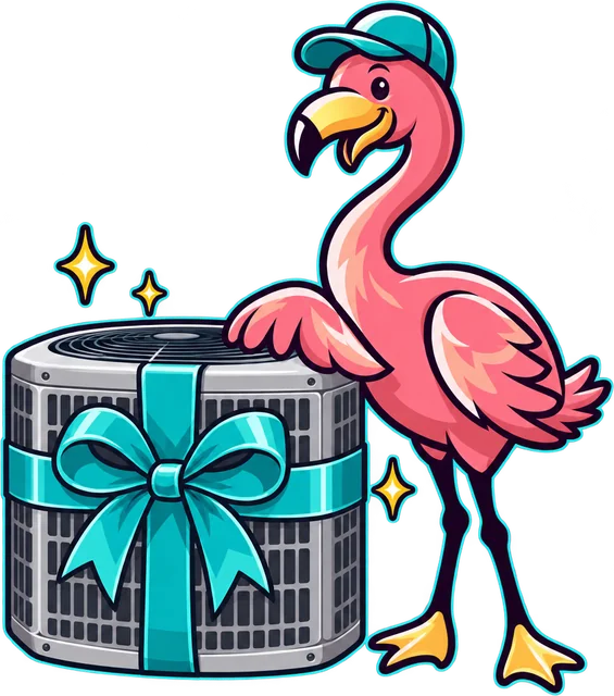 Paradise flamingo mascot with a new air conditioner tied with a bow