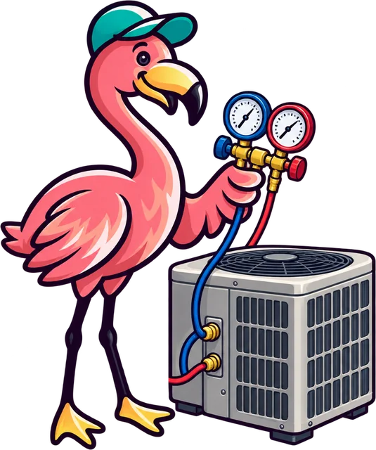 Paradise flamingo mascot checking an air conditioner with a pressure gauge