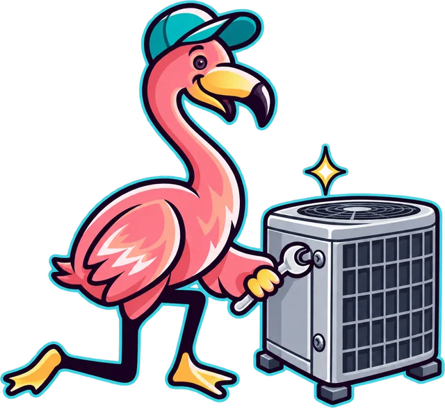 Paradise flamingo mascot repairing an air conditioner