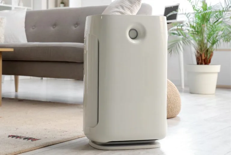 Modern air purifier in a living room improving indoor air quality with HVAC solutions from Paradise Heating and Air for 
