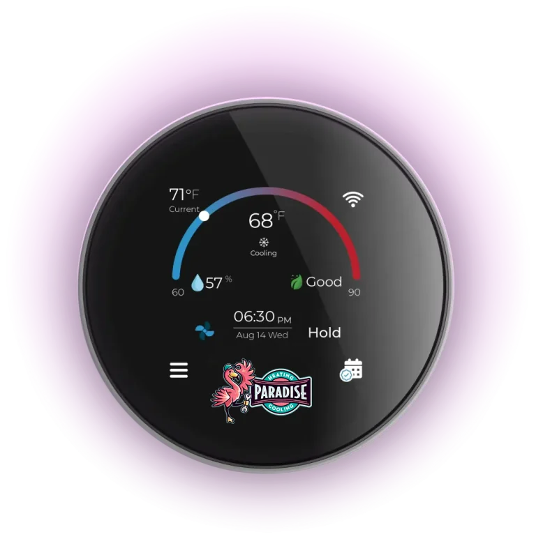 Paradise Heating and Air branded thermostat with logo
