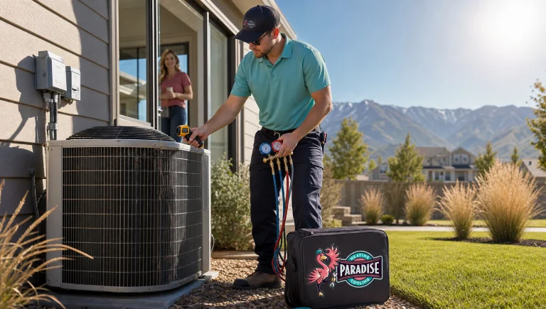 Paradise Heating and Cooling technician checking an outdoor AC unit during a Salt Lake area heat wave